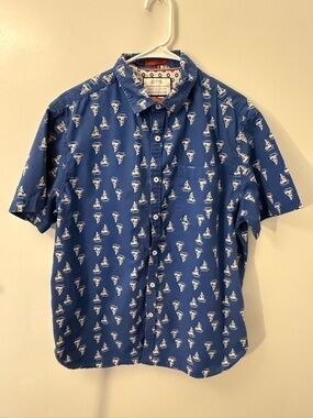 Denim & Flower XL Slim Fit Sailboat Print Button Up Shirt Blue